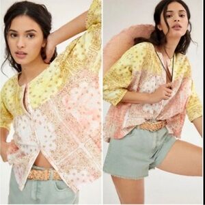 Pilcro and the Letterpress Tavi Blouse Button Down Yellow Pink Anthropologie L